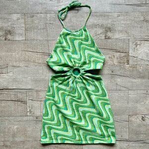 Zara Green Knit Jacquard 60s Mod 70s Halter Cut Out Ring Tie Festival Dress S